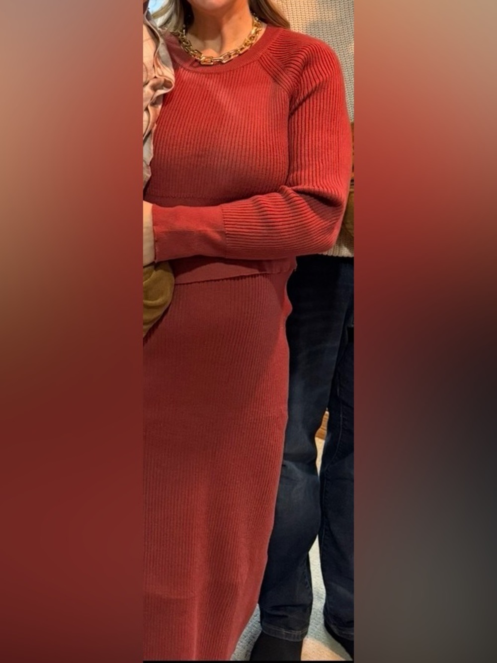 Ribbed Knit Sweater and Midi Skirt set in Rust Red